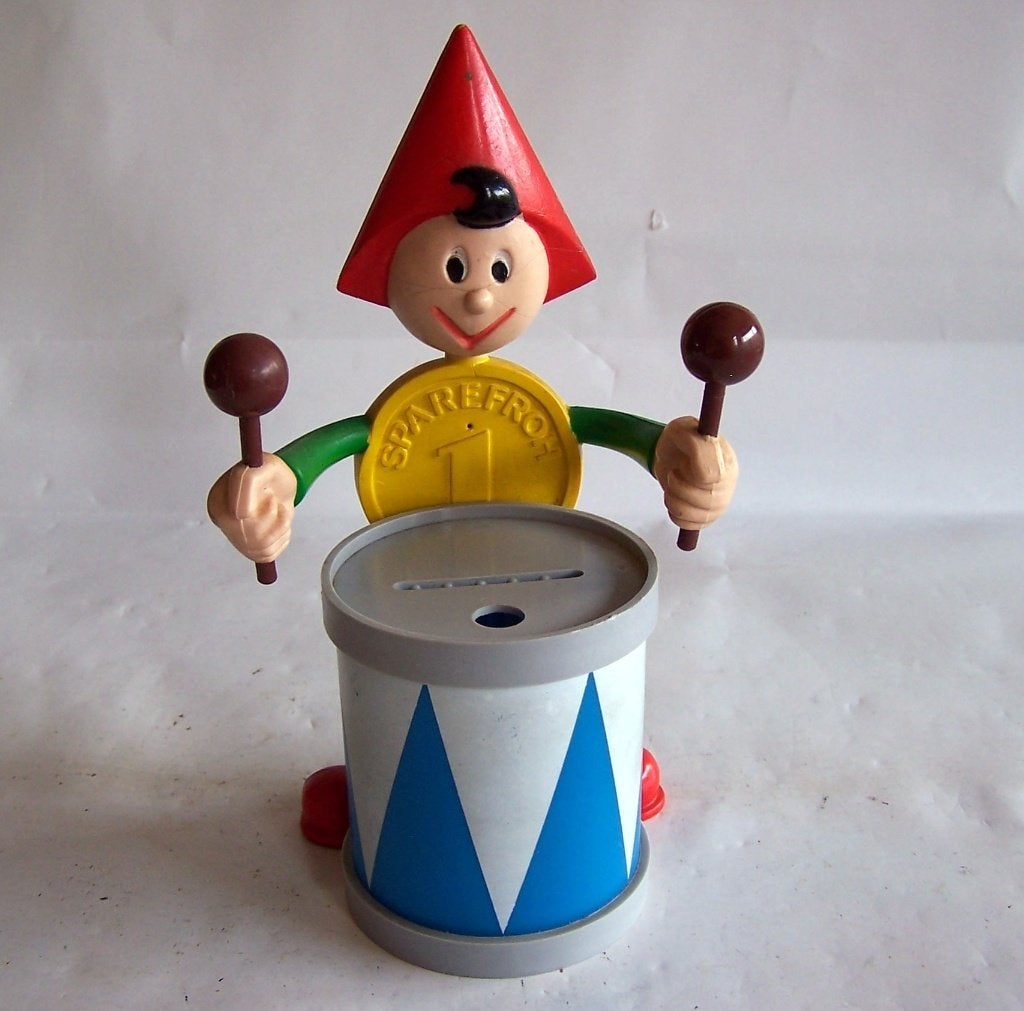 Vintage Hansmann Wien Spaarfros Spaarpot Kabouter m. Trommel, Ophalen of Verzenden, Zo goed als nieuw, Kunststof, Strip- of Tekenfilmfiguur