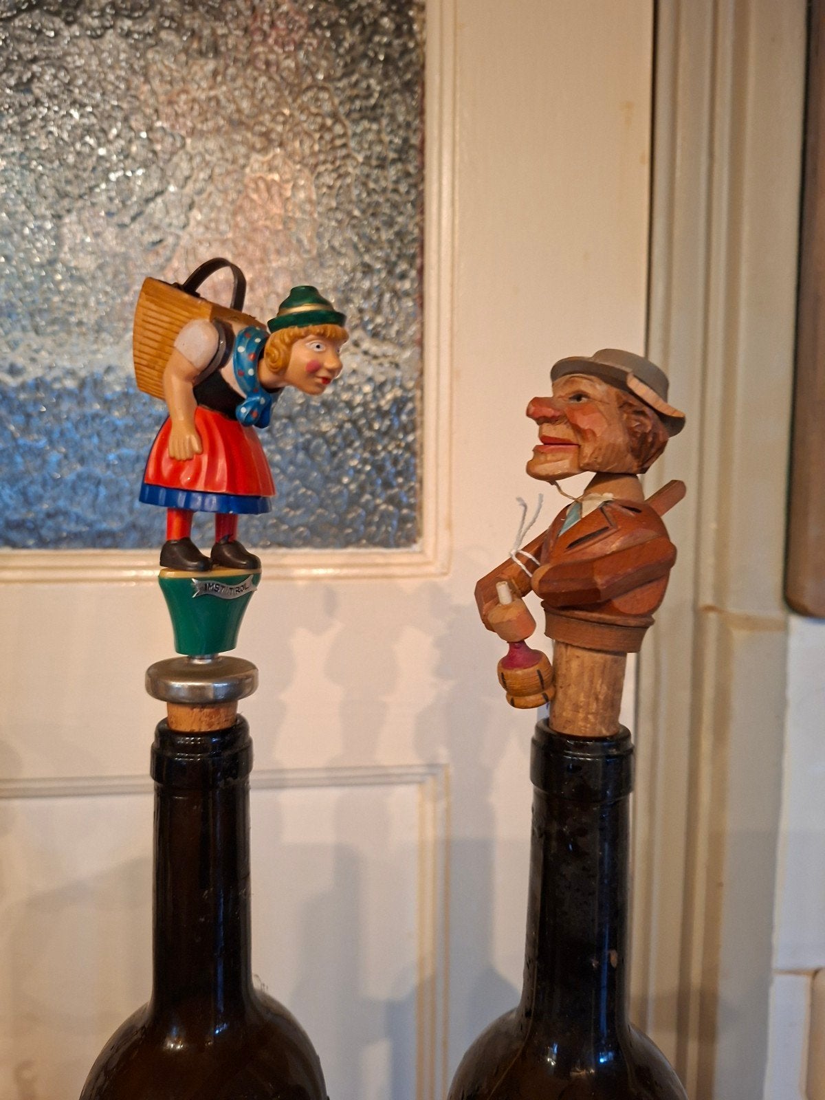 Set van 2 Antieke Houten Flessenstoppers - Tiroler Figuren, Ophalen of Verzenden