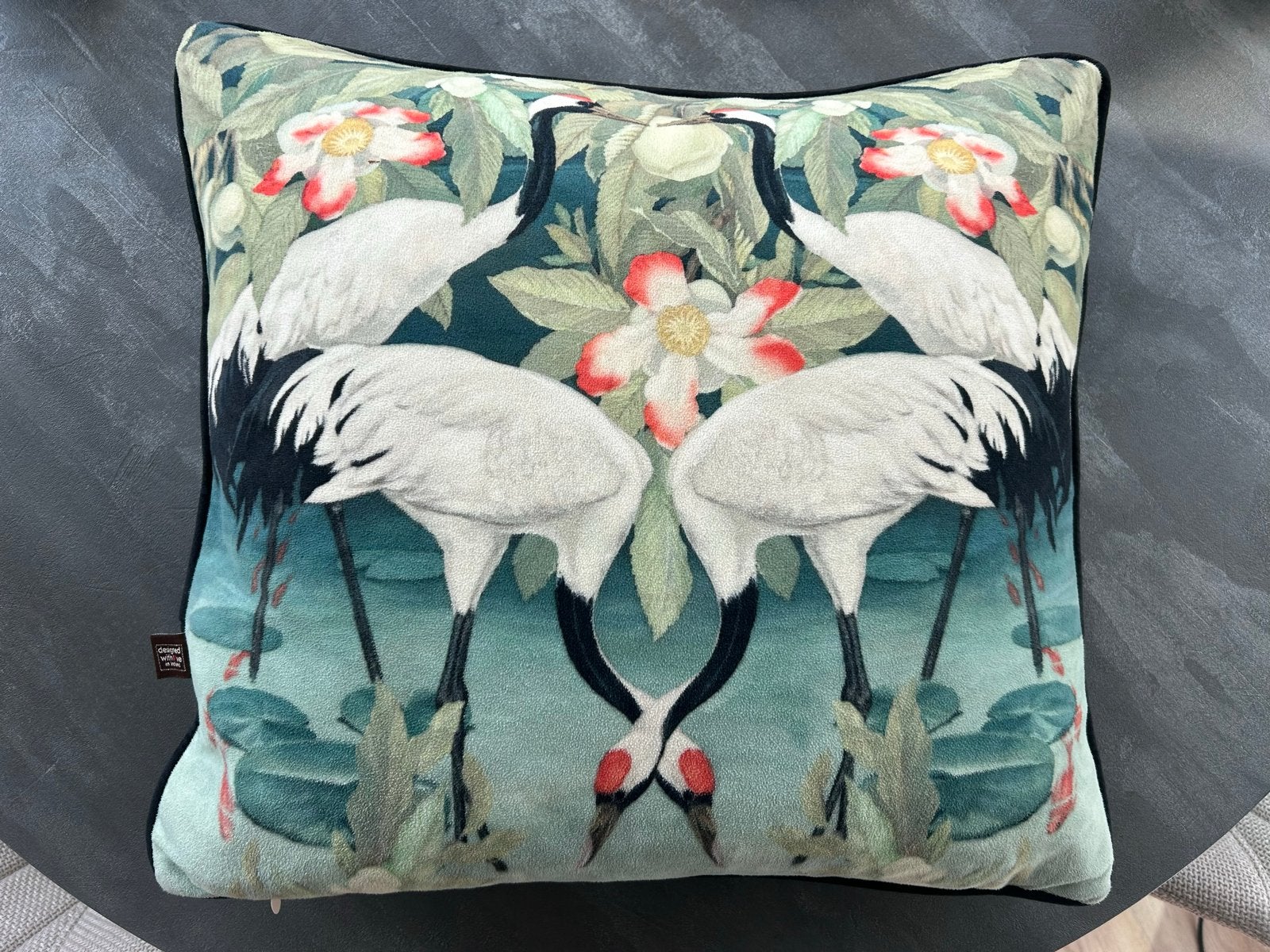 Sierkussen met kraanvogels en bloemen, Scatter Box, Overige merken, Meerkleurig, Met print, Vierkant