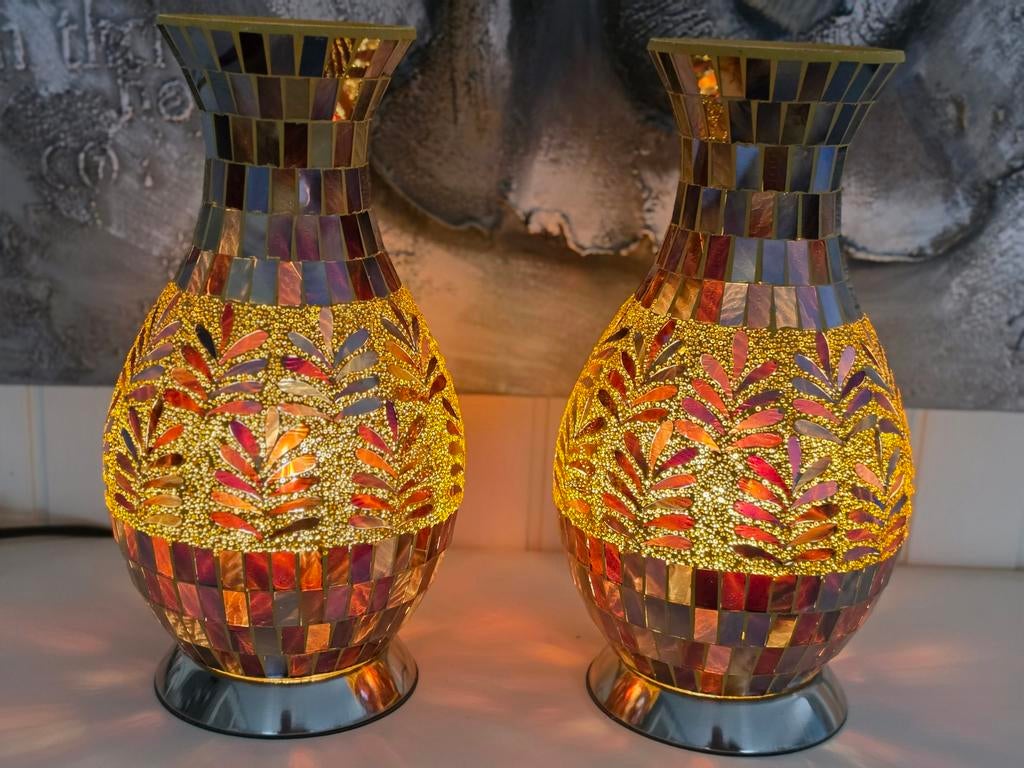 2 Mozaïek Glazen Lampen E14 - Oranje, Geel, Rood, Bruin, Ophalen, Gebruikt, Oosters, Bohemien, Sfeervol