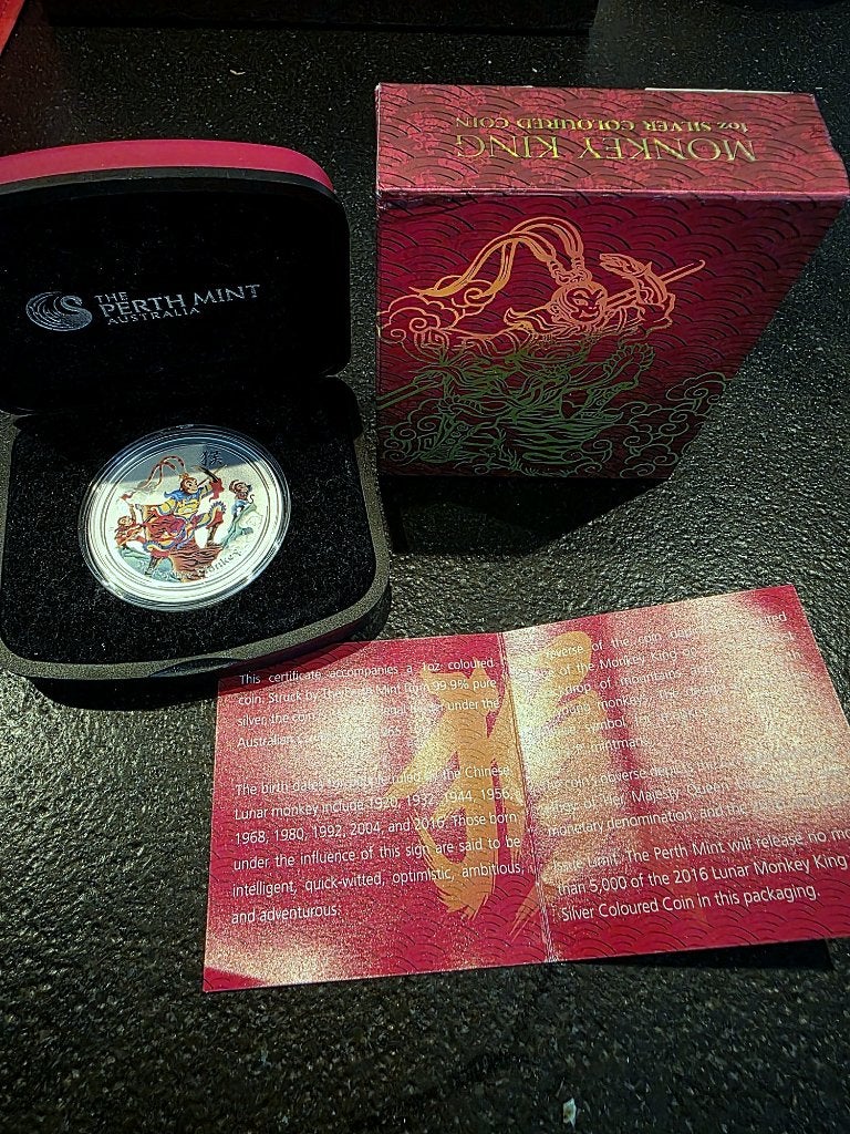 Perth Mint Monkey King 2016 1 oz zilver gekleurd doos & COA, Ophalen of Verzenden, Zilver