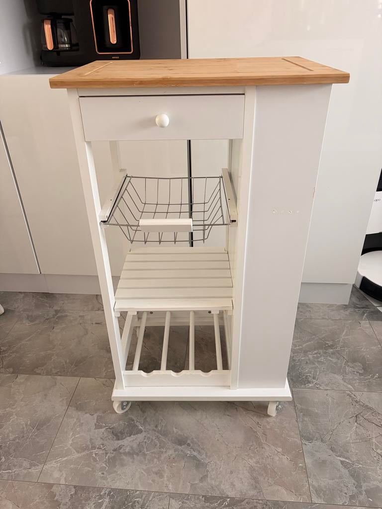 Witte Keukentrolley met Houten Bovenblad en Lade, Gebruikt, Hout, Keukentrolley, Ophalen of Verzenden