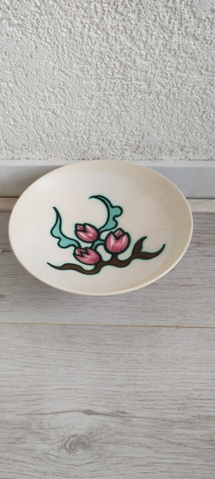 Vintage schaal met bloemmotief en houten deksel, Antiek en Kunst, Ophalen