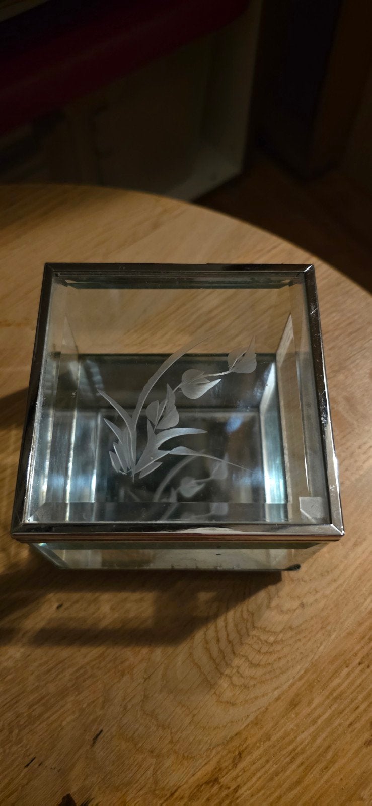 Vintage Glazen Sieraden Doosje met Gravure, Ophalen of Verzenden