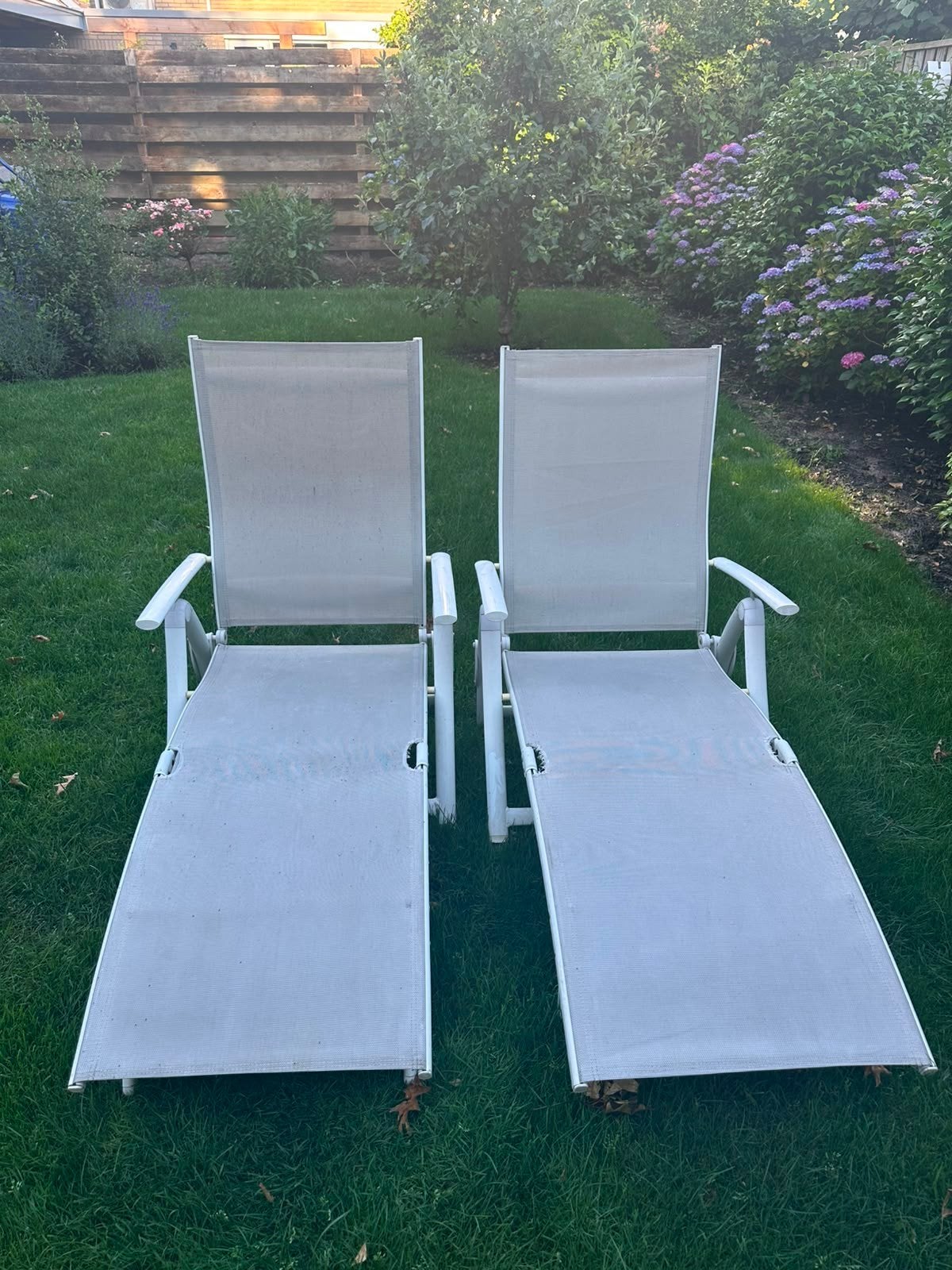 2x verstelbare ligstoelen voor buiten, Ophalen of Verzenden, Gebruikt, Aluminium, Verstelbaar