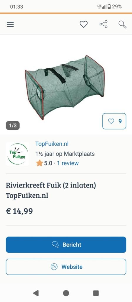 Rivierkreeft Fuik (2 inlaten) 3voor 20 gratis verzending !!, Ophalen of Verzenden, Nieuw