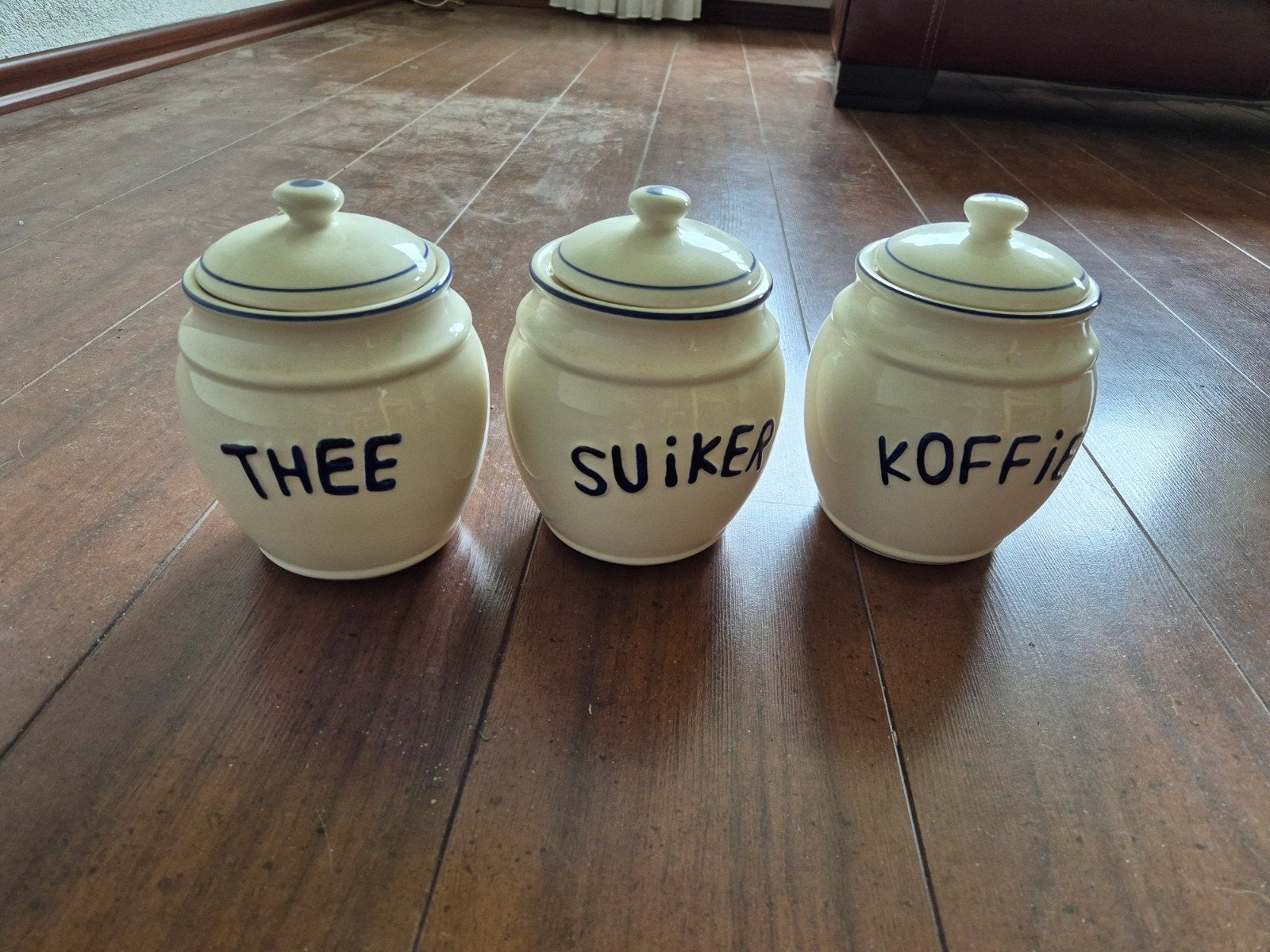 Vintage voorraadpotten: Thee, Suiker, Koffie (3 stuks), Ophalen
