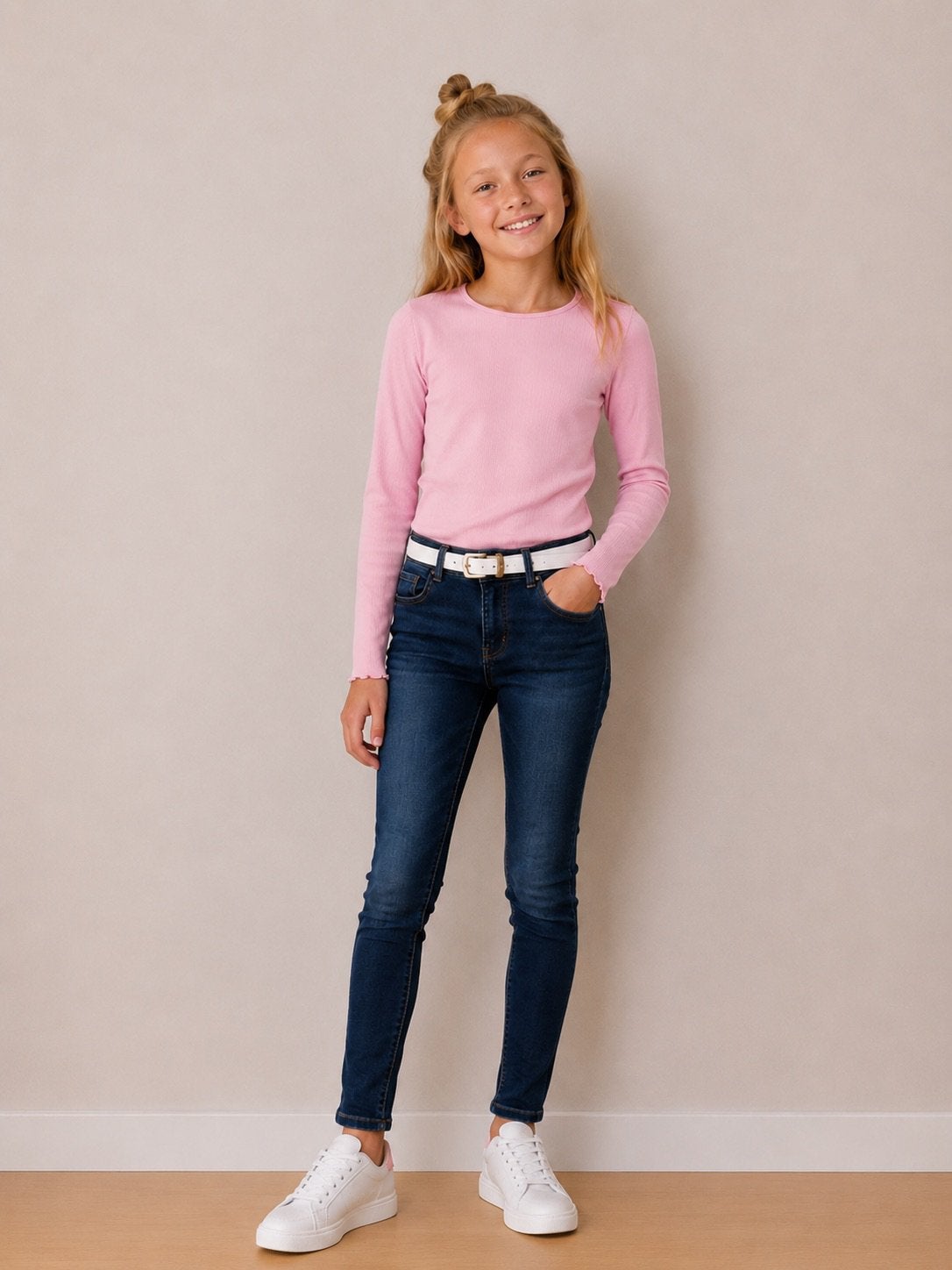 Blue Ridge jeans + WE Fashion rib longsleeve maat 146, Ophalen of Verzenden, Zo goed als nieuw, Meisje, Shirt of Longsleeve