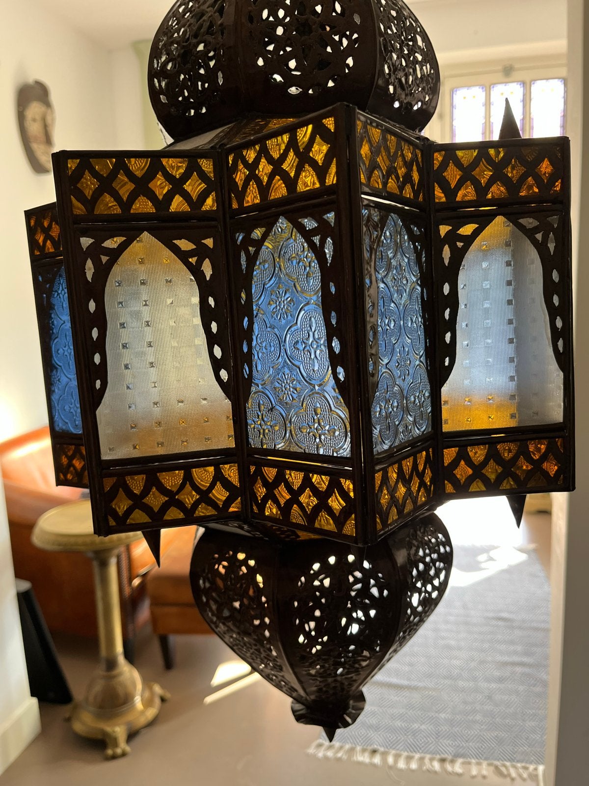 Oosterse hanglamp met gekleurd glas, Huis en Inrichting, Lampen | Hanglampen, Ophalen, Gebruikt, Glas, Overige fittingen