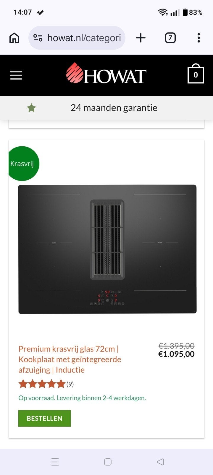 Howatt inductie 72 cm mat zwart., Ophalen, Nieuw, 4 kookzones, Inbouw