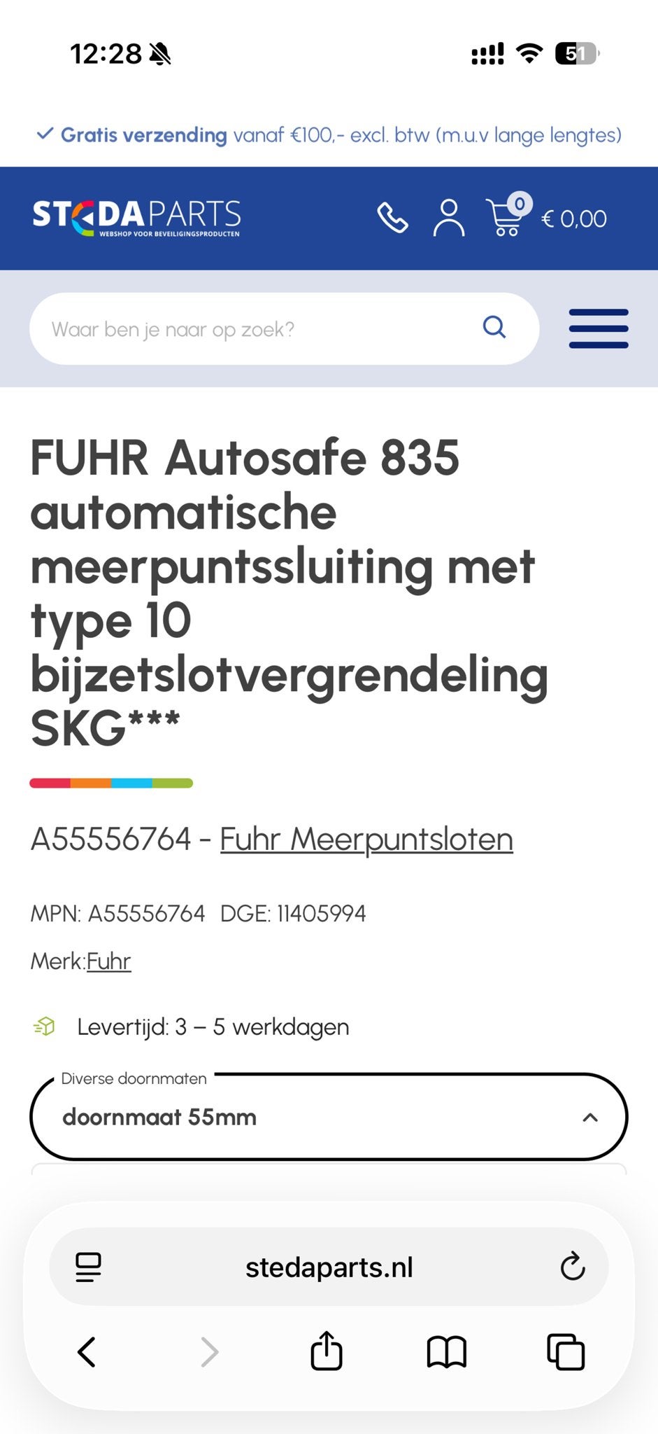 FUHR Autosave 835 meerpuntssluiting SKG*** - 55mm doornmaat, Ophalen of Verzenden, Zo goed als nieuw, Overige materialen, Slot