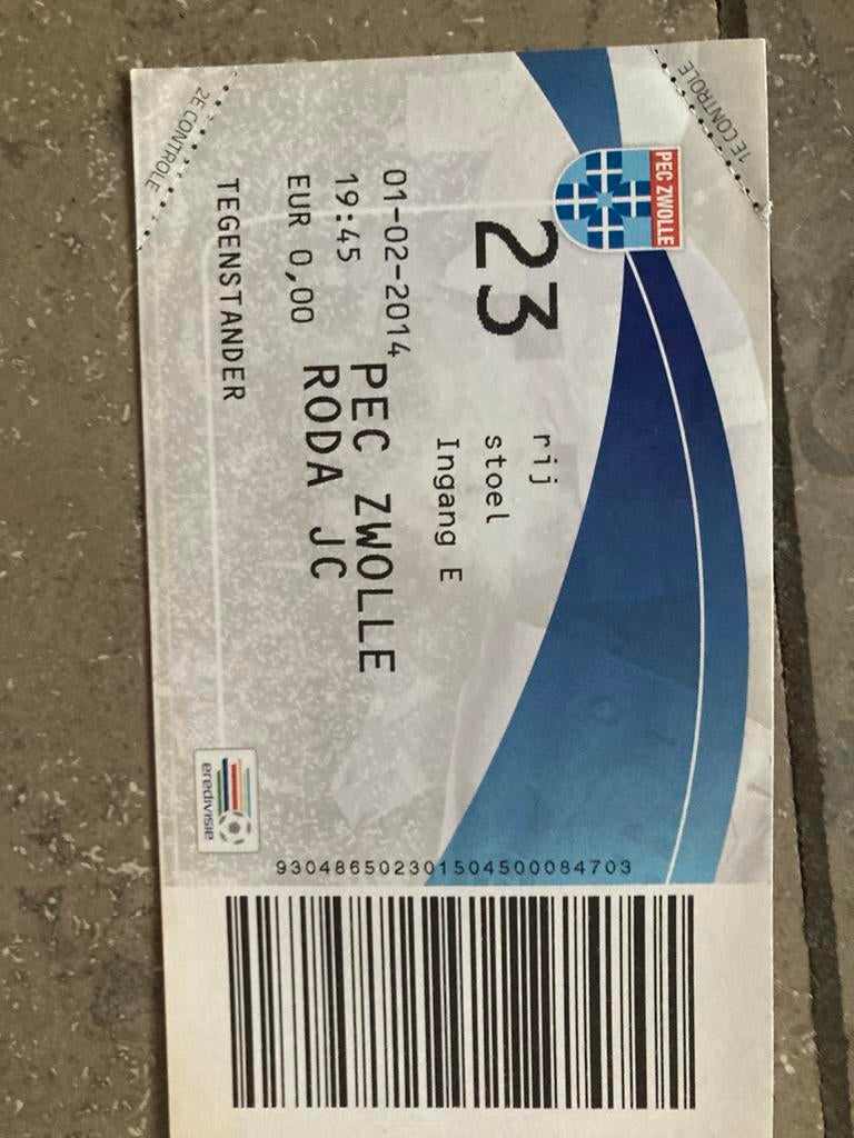 TICKET PEC ZWOLLE-RODA JC 13-14, Verzamelen, Ophalen of Verzenden, Zo goed als nieuw, Overige binnenlandse clubs, Overige typen