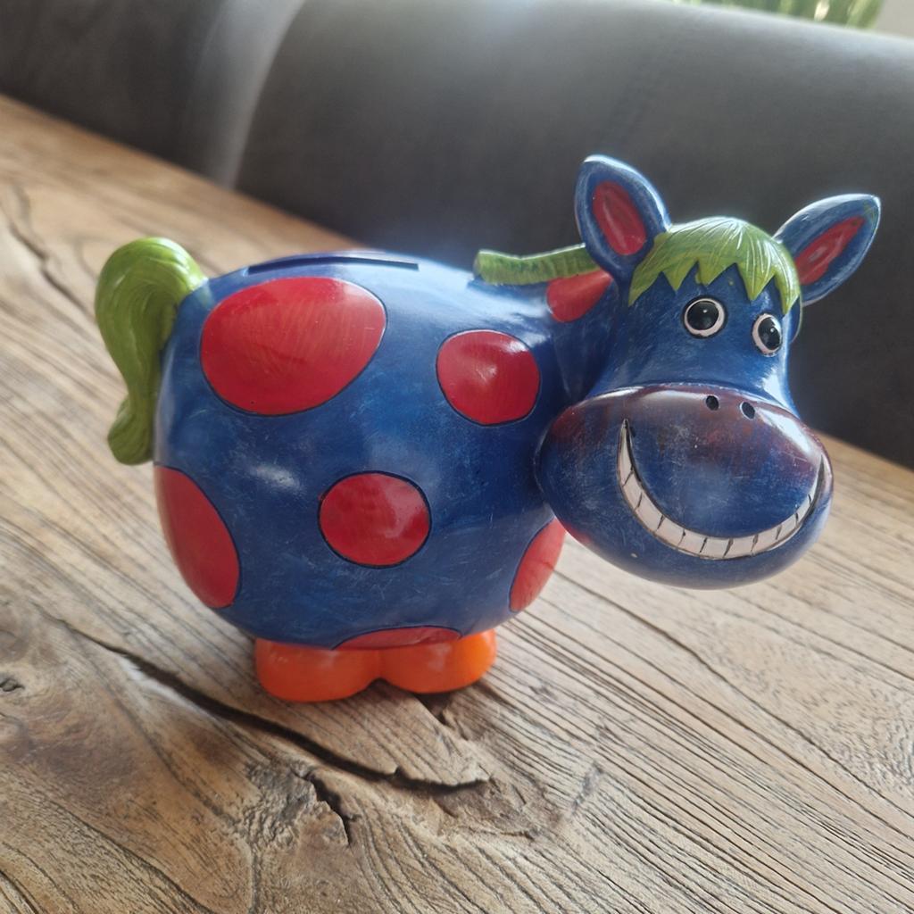 Vrolijke Koe Spaarpot - Blauw met Rode Stippen, Ophalen of Verzenden, Steen, Aardewerk of Keramiek, Dier