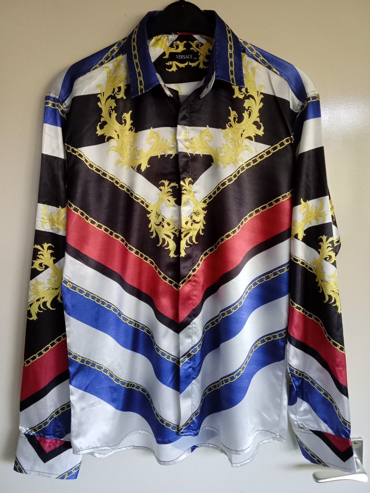 Versace-stijl overhemd met kettingprint en Barok element.XXL, Ophalen of Verzenden, Zo goed als nieuw