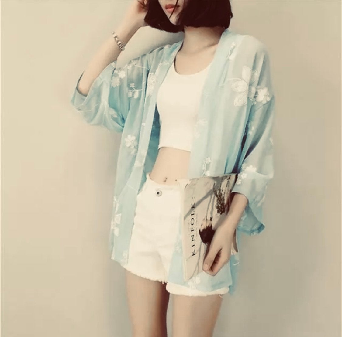 Dames embroidery kimono vest blouse bloes top mintgroen S, Ophalen of Verzenden, Gedragen, Maat 36 (S), Groen