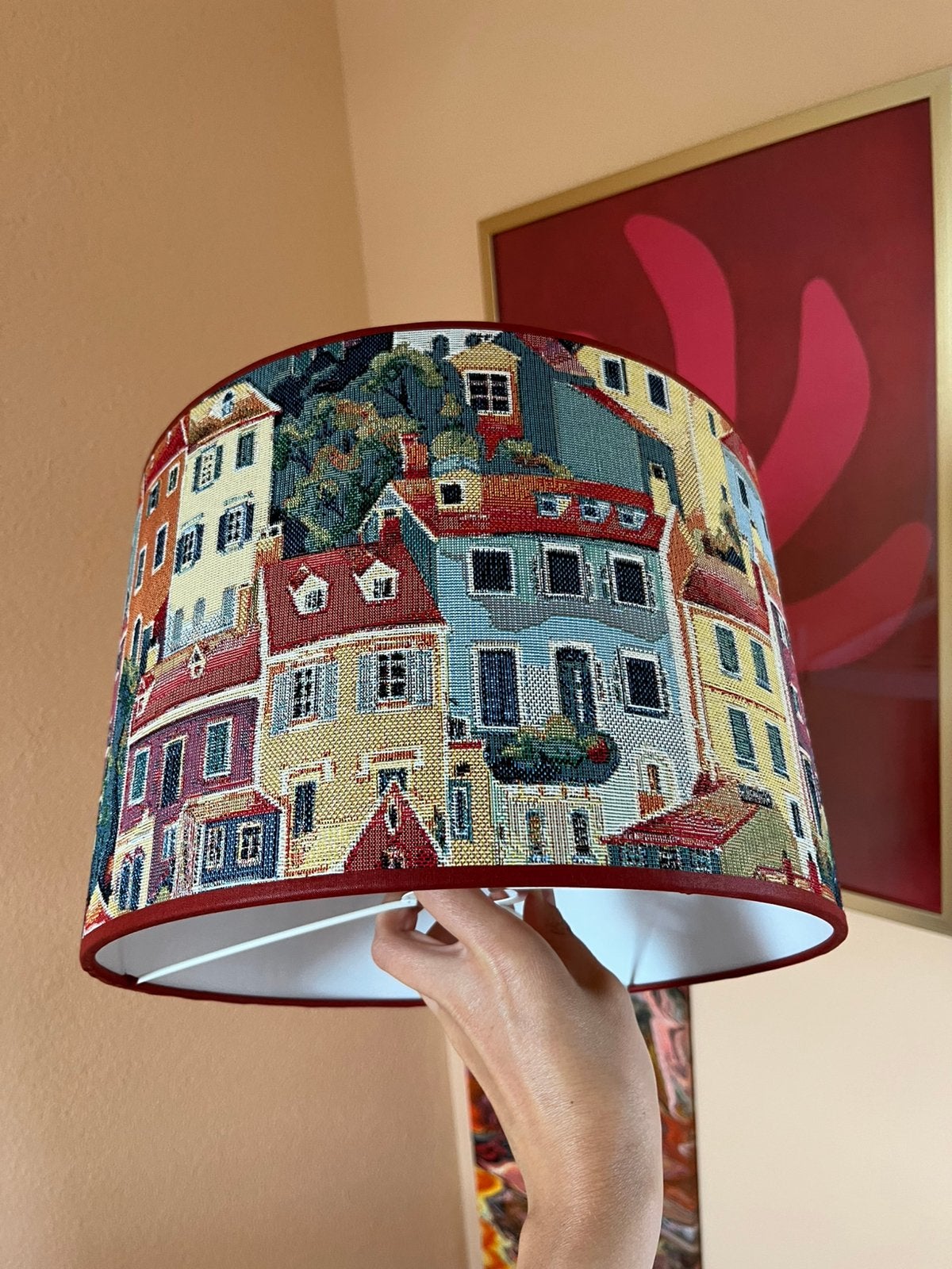 Lampenkap mediteraans huisjes stad kleurrijk, Ophalen, Zo goed als nieuw, Wit