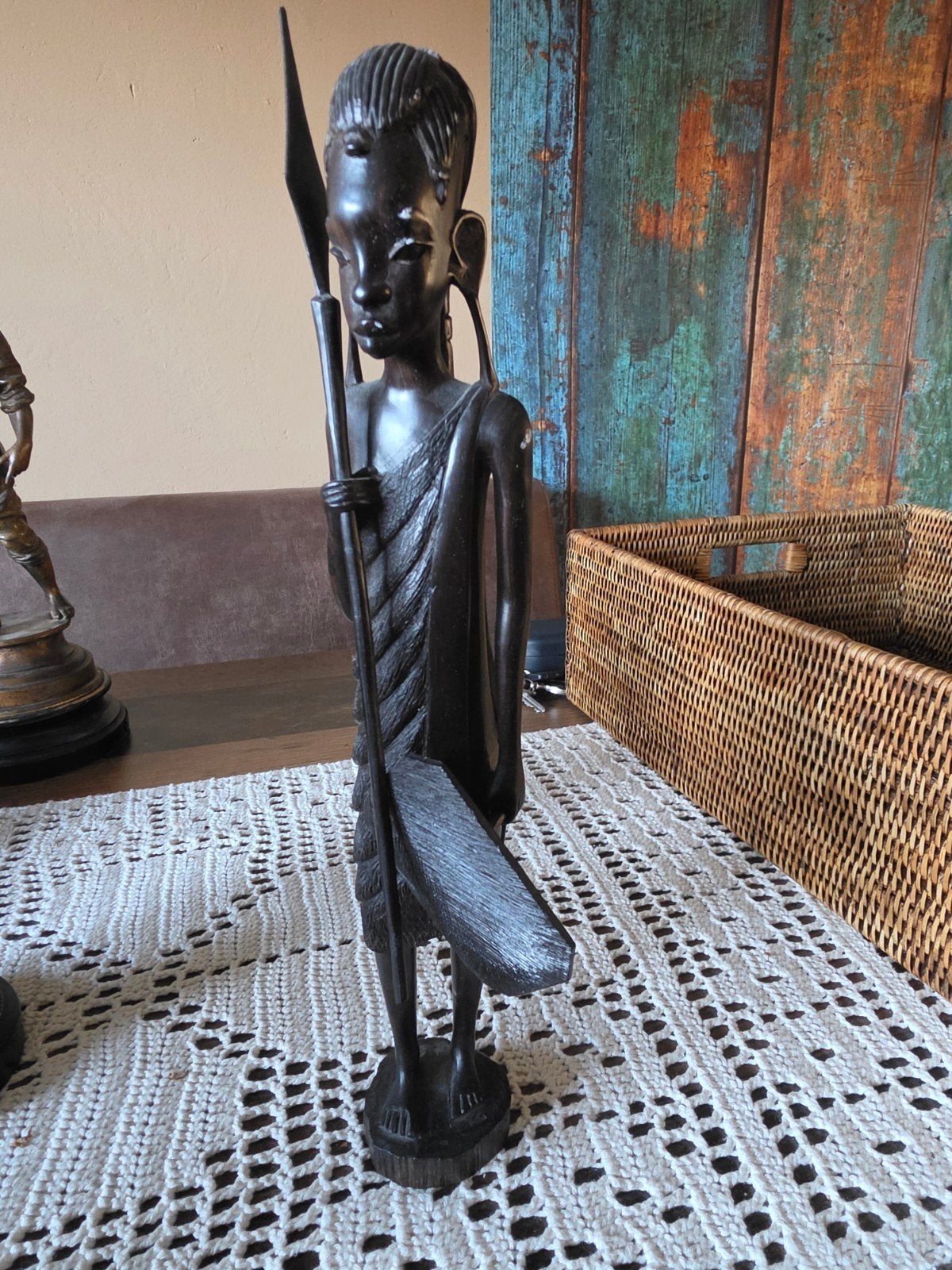 Houten Afrikaans Beeld - Krijger met Speer, Antiek en Kunst, Ophalen, 20 - 50 cm, Beeld, Hout
