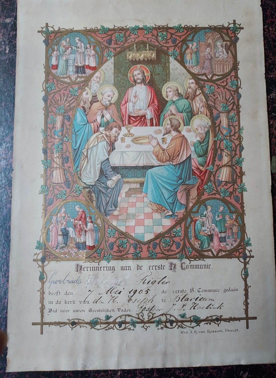 Communieprent Blaricum (1905) – Getekend Pastoor Hoebink, Antiek en Kunst, Ophalen of Verzenden