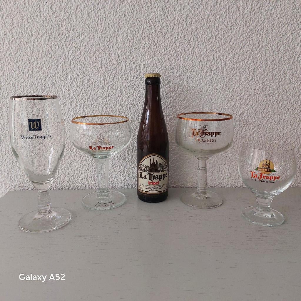 La Trappe Tripel oud bierflesje (leeg) en glazen, Verzamelen, Biermerken, Ophalen of Verzenden, Gebruikt, Glas of Glazen, La Trappe