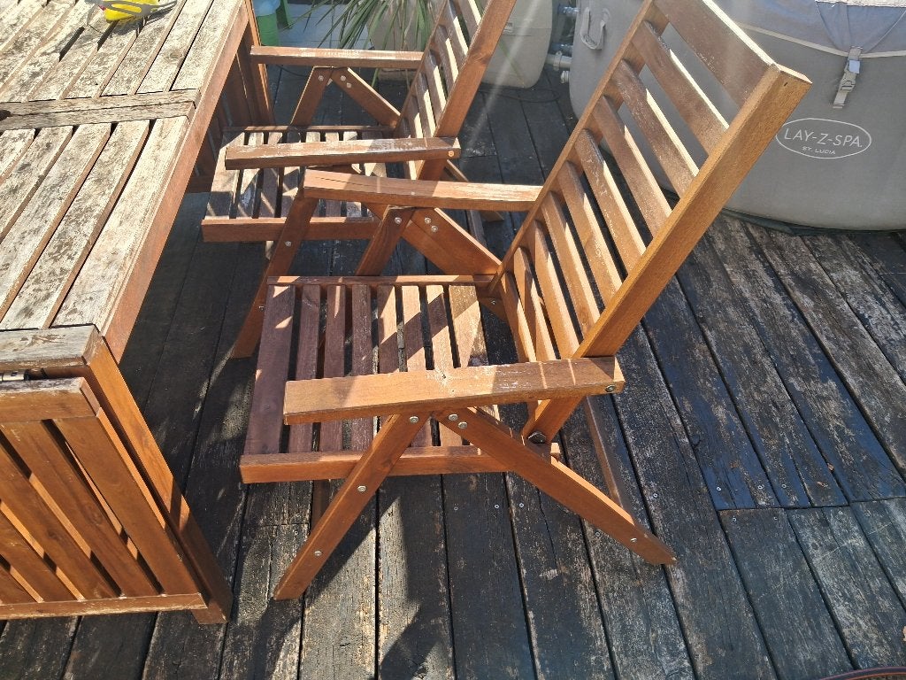 6 Ikea houten tuinstoelen met kussens, Ophalen, Gebruikt, Hout, Verstelbaar