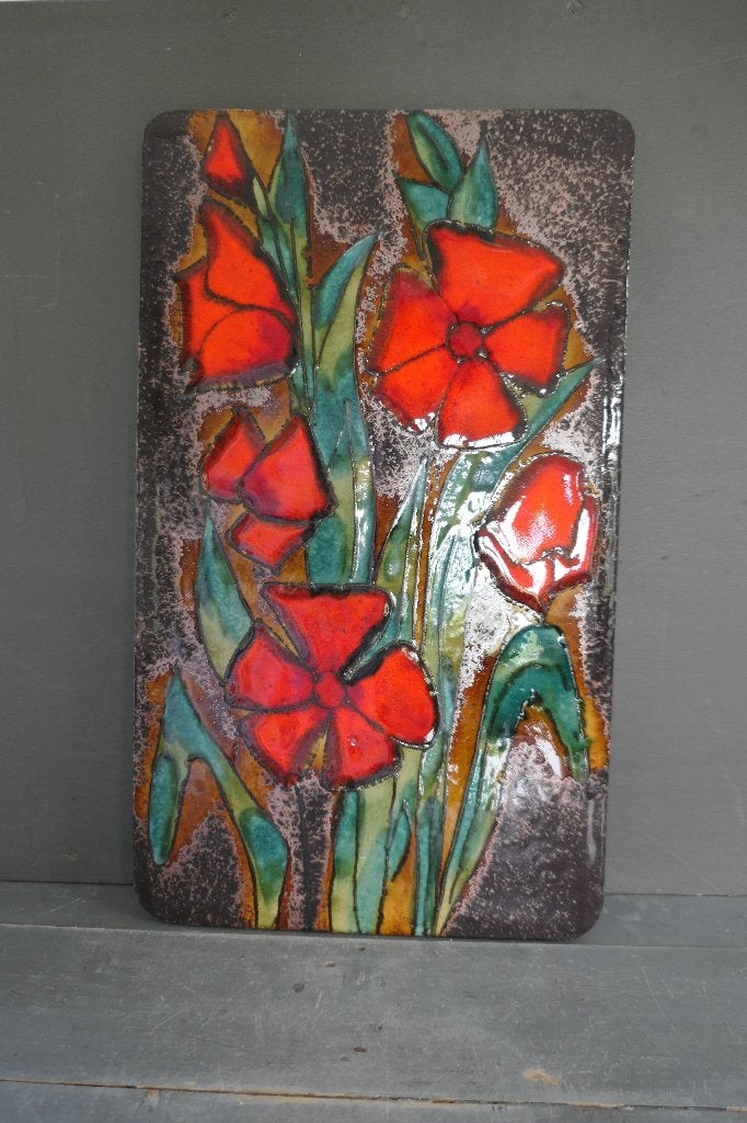 Vintage Ruscha wand decoratie plaquette keramiek met bloemen, Ophalen of Verzenden