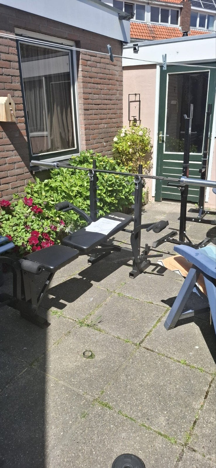 Bankdrukbank, stang, gewichten, dumbells, Ophalen, Zo goed als nieuw, Rug