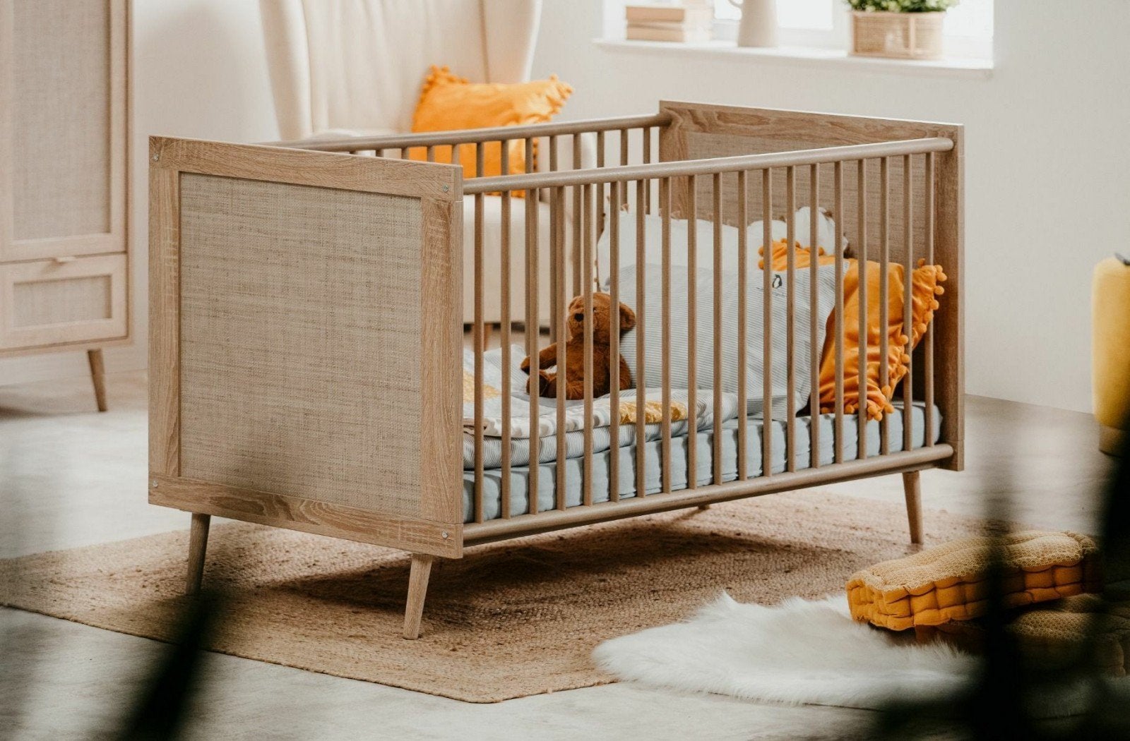 Ledikant Finori Bali Eiken/Riet 60x120, Ophalen, Zo goed als nieuw, Minder dan 140 cm, Matras