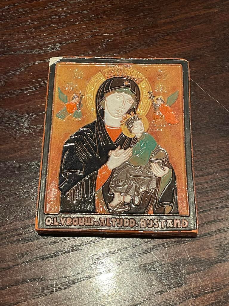 Antieke Maria met Kind tegel - O.L.V. Altijd Durend Bijstand, Antiek en Kunst, Antiek | Wandborden en Tegels, Ophalen of Verzenden