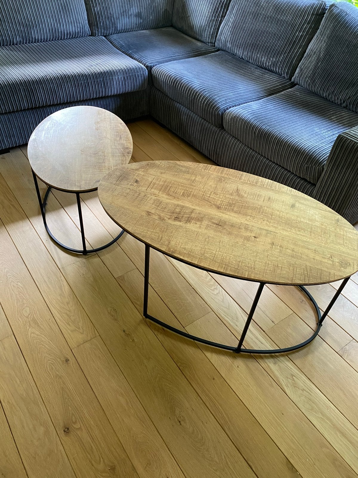 Salontafel set van 2: industrieel design, hout en metaal, Ophalen, 100 tot 150 cm, 50 tot 100 cm, Zo goed als nieuw