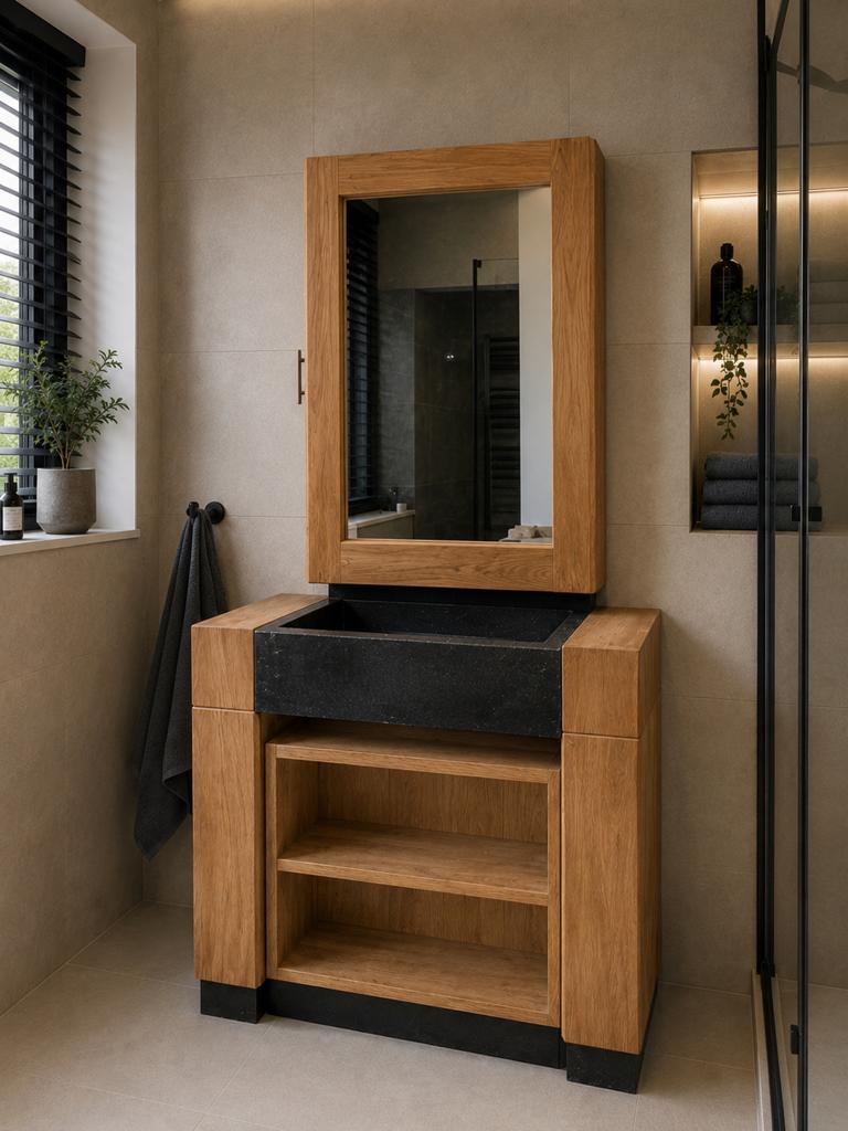 Badkamer meubel teak hout met opbergruimte, Huis en Inrichting, Badkamer | Badkamermeubels, Ophalen, Gebruikt, 50 tot 100 cm, Minder dan 100 cm