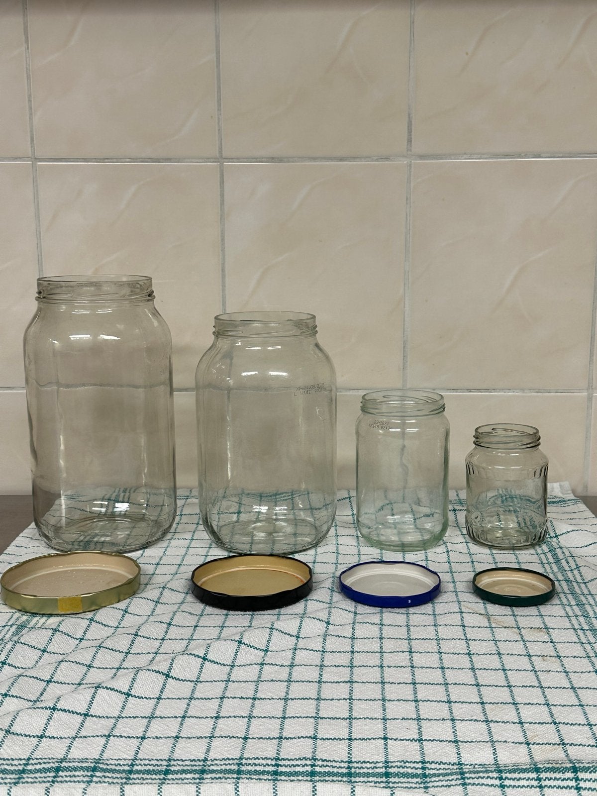 Set van glazen potten met deksels - diverse maten, Gebruikt, Transparant, Met deksel, Ophalen of Verzenden