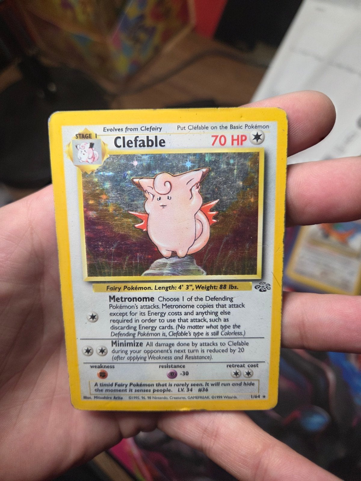 Clefable 1/64 Holo Jungle 1999 Wotc era Vintage, Ophalen of Verzenden, Zo goed als nieuw, Losse kaart, Foil