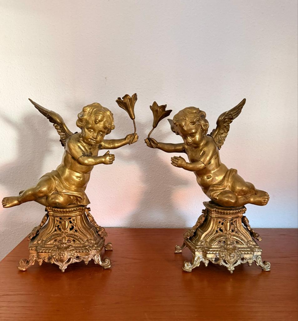 Antieke Bronzen Engelen Beeldjes - Set van 2, Antiek en Kunst, Antiek | Koper en Brons, Ophalen of Verzenden, Brons