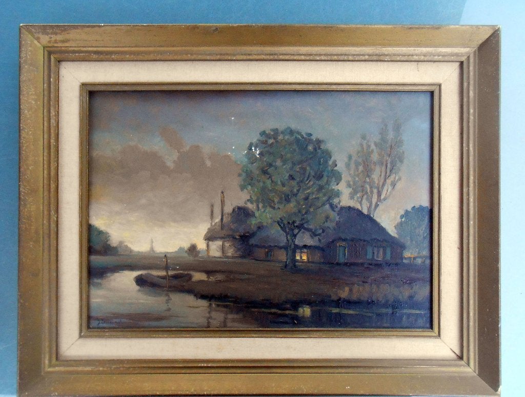 J. Zeldenrust: Boerderij met hooiberg en bootje, Ophalen of Verzenden, Origineel werk, Landschap