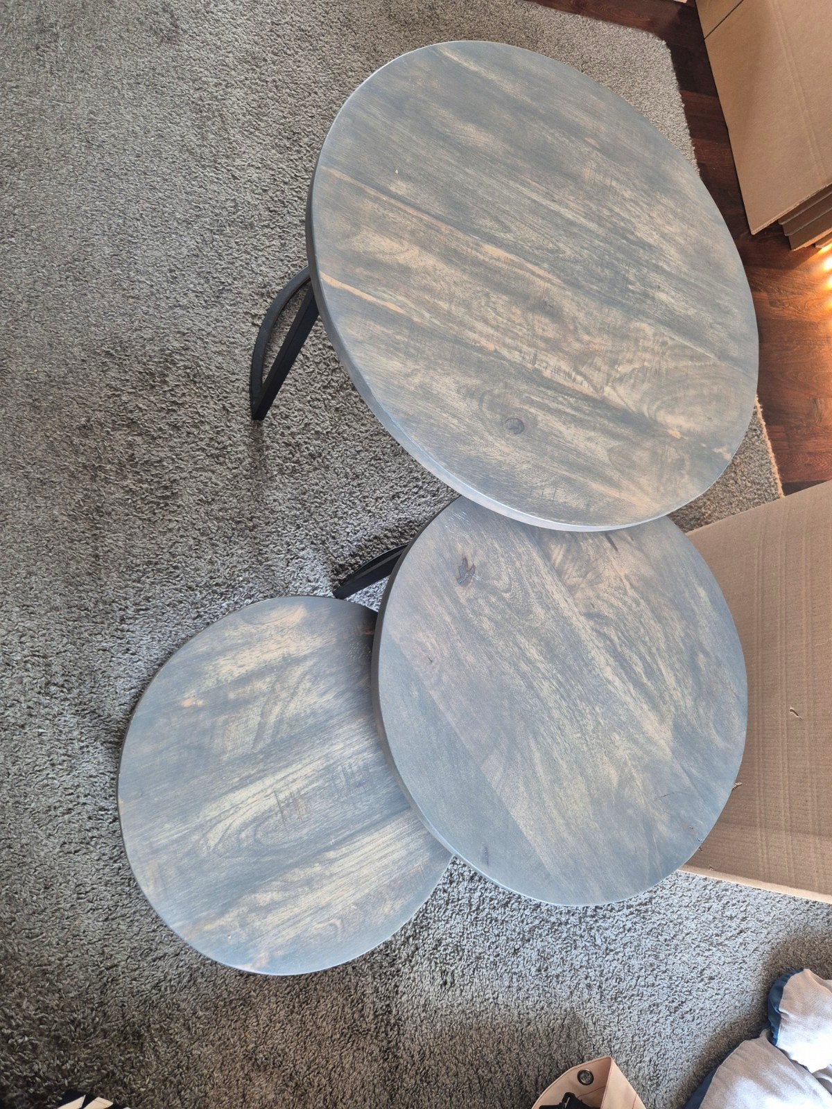 Set van 3 tafels,  grey wash, mangohout, metalen onderstel, Ophalen, 50 tot 100 cm, Rond, Nieuw