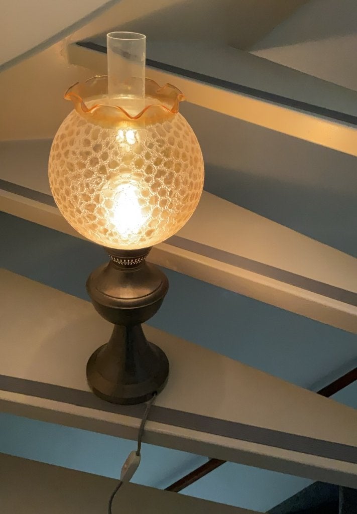 Mooie tinnen schemerlamp met glazen kap, Ophalen of Verzenden