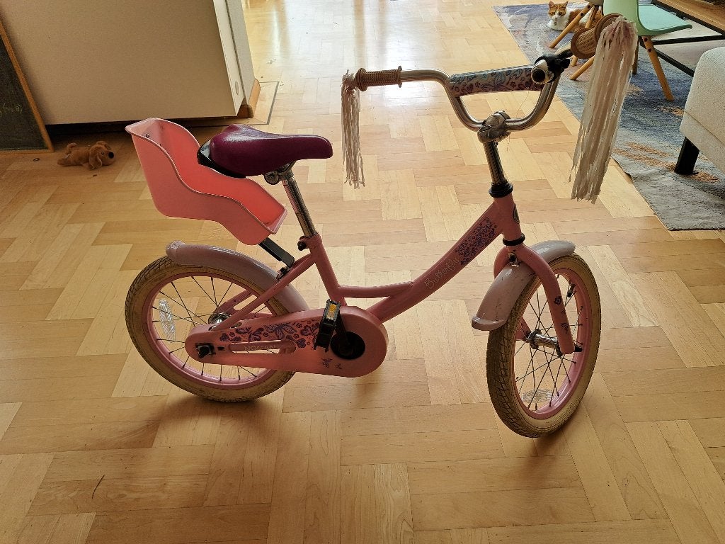 Nogan Butterfly 16 inch meisjesfiets roze met poppenzitje, Ophalen, Terugtraprem, Gebruikt, 16 inch