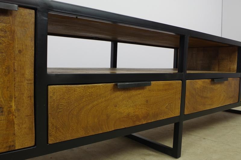 tv meubel 220 cm massief mangohout met metaal aanbieding, Huis en Inrichting, Kasten | Ladekasten, Overige houtsoorten, Nieuw