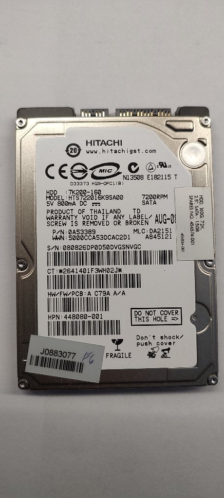 160Gb Hitachi 2.5" harddisk. HDD 7K200-160. HTS722016K9SA00, Intern, Gebruikt, Ophalen of Verzenden, SATA