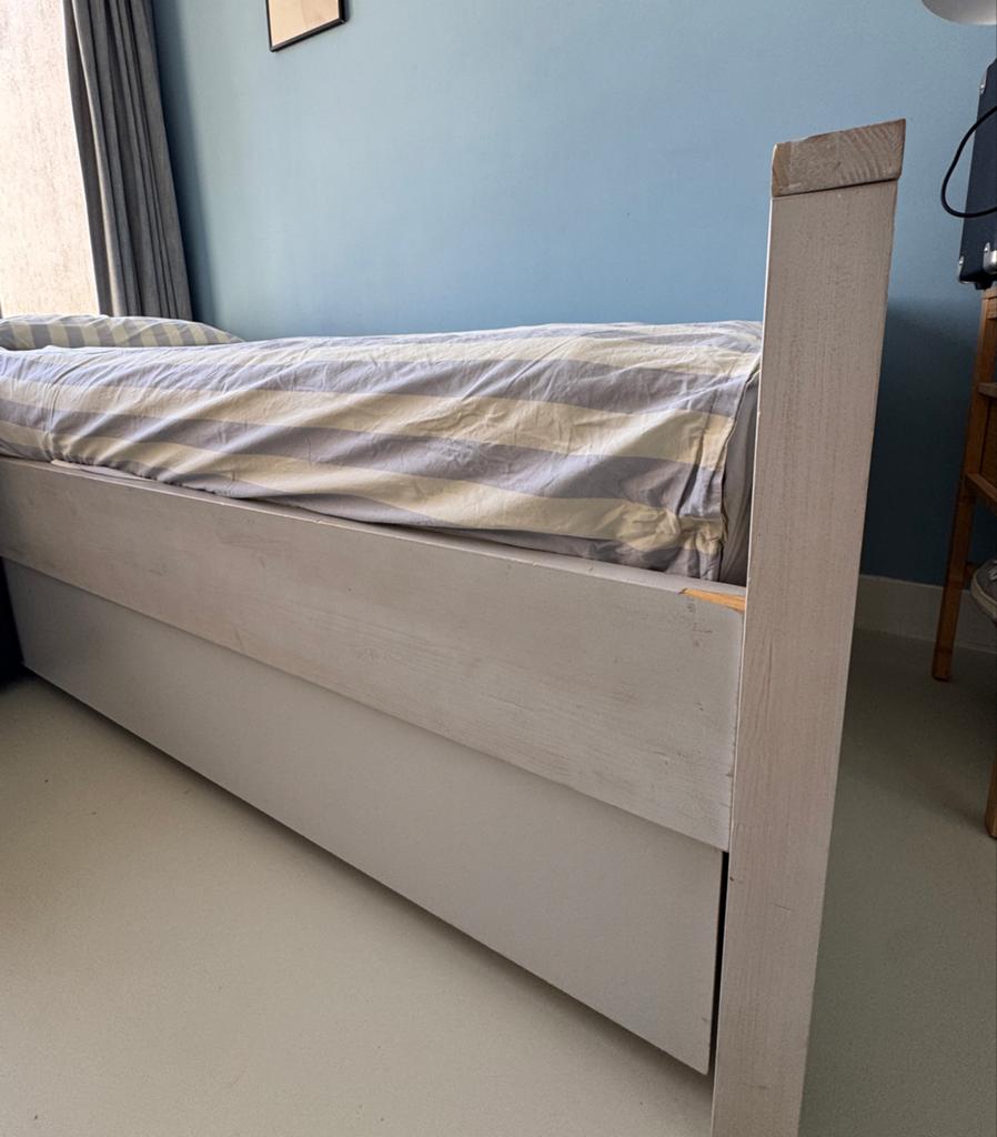 Bopita eenpersoonsbed met lade - whitewash beukenhout, Huis en Inrichting, Slaapkamer | Bedden, Gebruikt, 90 cm, Eenpersoons, Ophalen of Verzenden