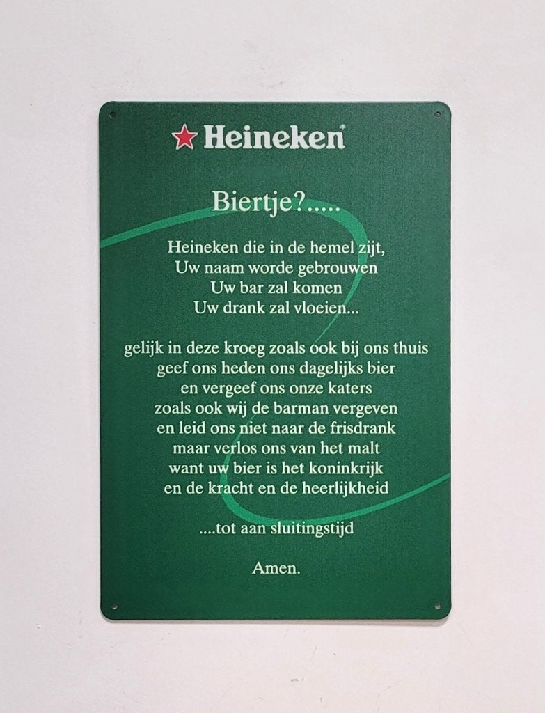 Heineken gebed biertje reclamebord van metaal wandbord deco, Verzamelen, Ophalen of Verzenden, Nieuw, Reclamebord, Plaat of Schild