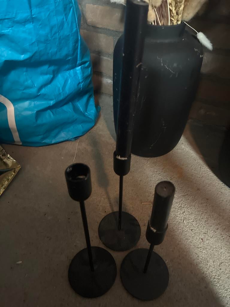 Set van 3 zwarte metalen kandelaars, Ophalen, Gebruikt, 25 tot 50 cm, Zwart