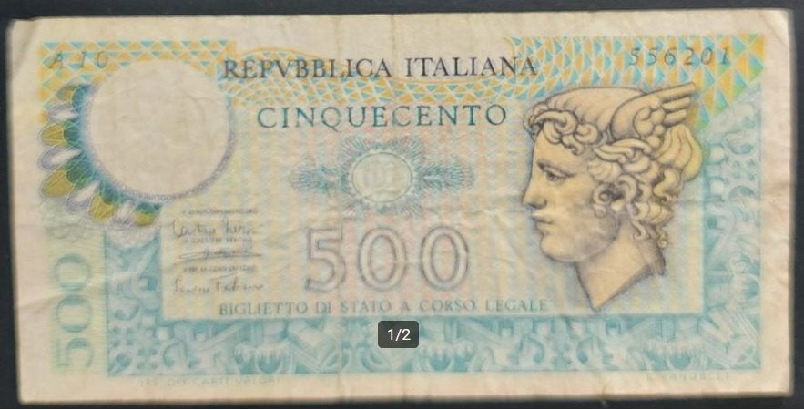 Vintage 1974 Italië 500 lire Republiek Italië bankbiljet, Ophalen of Verzenden, Italië
