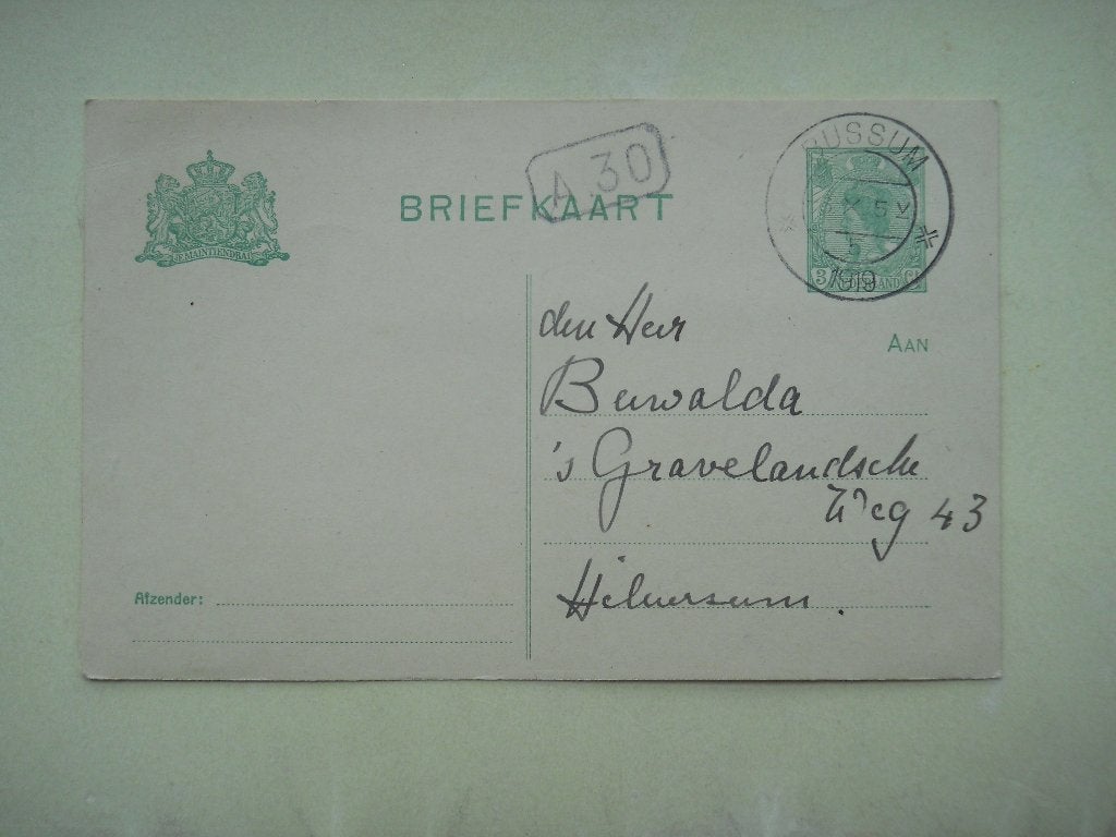 Nederland Briefkaart Kon. Wilhelmina Rondstempel Bussum, Postzegels en Munten, Brieven en Enveloppen | Nederland, Ophalen of Verzenden