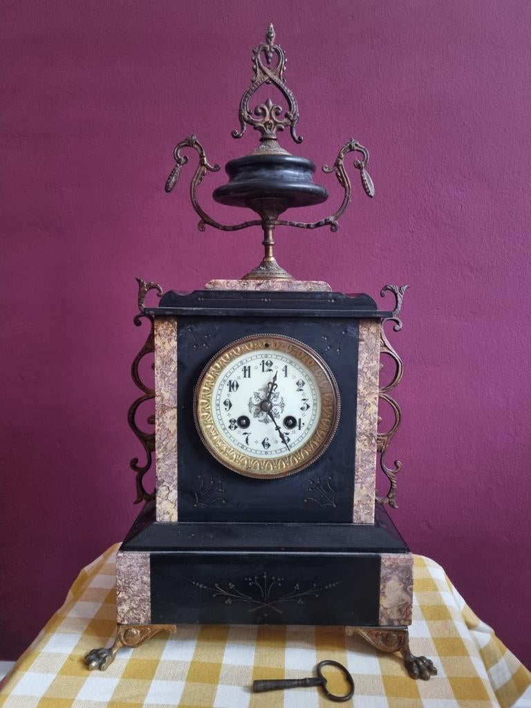 Marmeren klok, Franse Pendule, met 2 marmeren Kandelaren, Antiek en Kunst, Antiek | Klokken, Ophalen