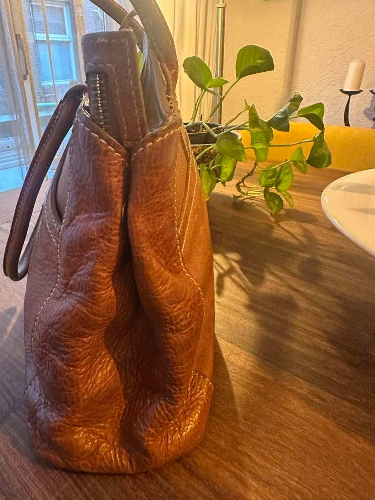 Nicole Farhi Leren Handtas - Cognacbruin, Sieraden, Tassen en Uiterlijk, Tassen | Damestassen, Ophalen of Verzenden, Gebruikt