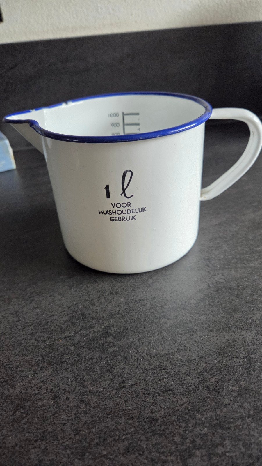 Vintage Emaille Maatbeker 1 Liter - Wit/Blauw, Ophalen of Verzenden