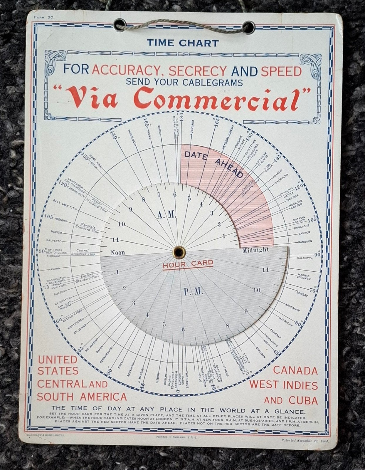 Vintage 'Via Commercial' Time Chart voor kabeltelegrammen, Antiek en Kunst, Ophalen of Verzenden