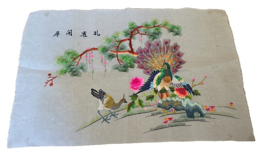 Klassiek borduurwerk chinees Pauw met vogel en boomtakken, Overige stijlen, Doek, Overige technieken, Dieren