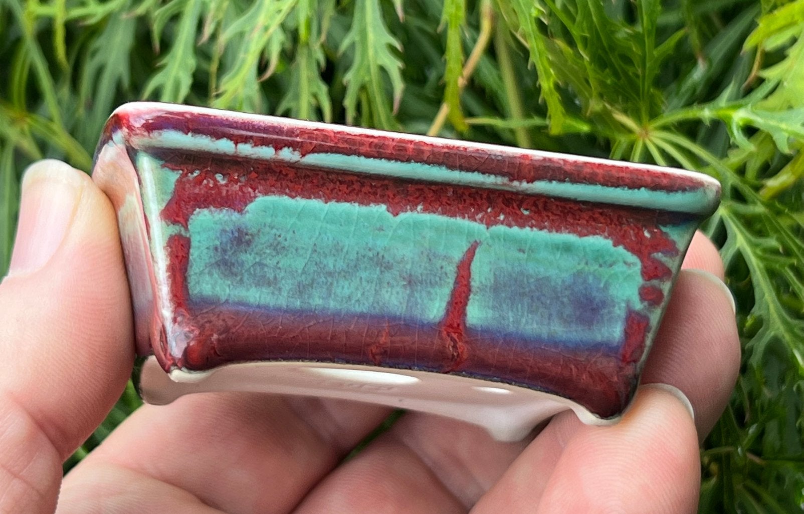 Bonsai schaal handgemaakt Bordeaux-Turquoise 7,5x6,1x3, Tuin en Terras, Nieuw, Ophalen of Verzenden, Aardewerk, Rechthoekig